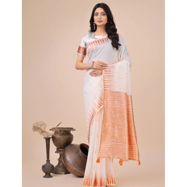 Women's Linen Cotton Wevon Jacquard Saree With Unstitched Blouse 5.5Mtr (White)