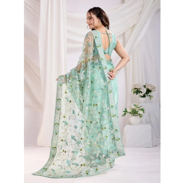 Women's Soft Net Thread Embroidery Saree With Unstitched Blouse 5.5Mtr (Sea Green) - Image 3
