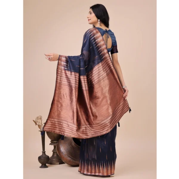 Women's Linen Cotton Wevon Jacquard Saree With Unstitched Blouse 5.5Mtr (Navy Blue) - Image 3