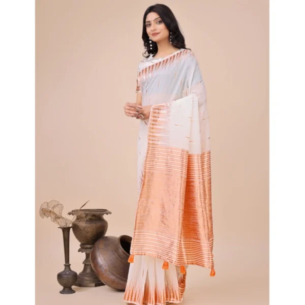 Women's Linen Cotton Wevon Jacquard Saree With Unstitched Blouse 5.5Mtr (White) - Image 2