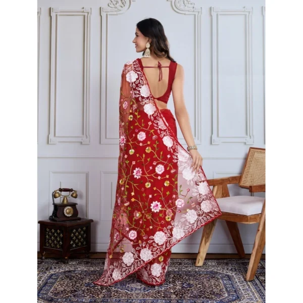 Women's Soft Net Thread Embroidery Saree With Unstitched Blouse 5.5Mtr (Maroon) - Image 3