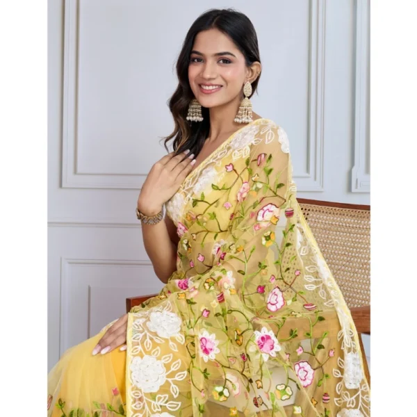 Women's Soft Net Thread Embroidery Saree With Unstitched Blouse 5.5Mtr (Yellow) - Image 3
