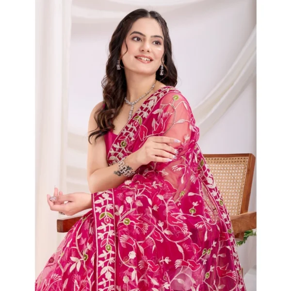 Women's Soft Net Thread Embroidery Saree With Unstitched Blouse 5.5Mtr (Dark Pink) - Image 3