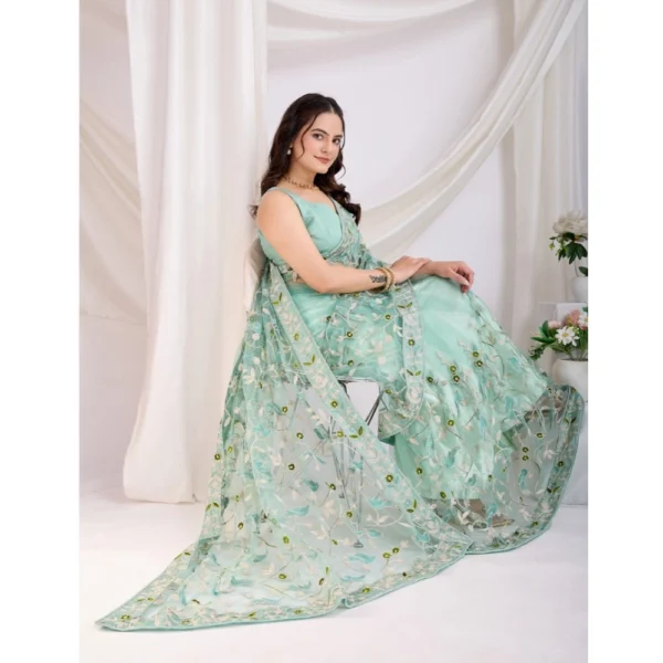 Women's Soft Net Thread Embroidery Saree With Unstitched Blouse 5.5Mtr (Sea Green) - Image 2