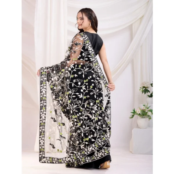Women's Soft Net Thread Embroidery Saree With Unstitched Blouse 5.5Mtr (Black) - Image 3
