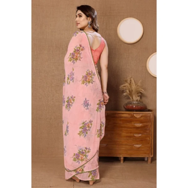 Women's Small Lace Georgette Printed Ready-to-Wear Saree With Unstitched Blouse 5.5 Mtr (Peach) - Image 3