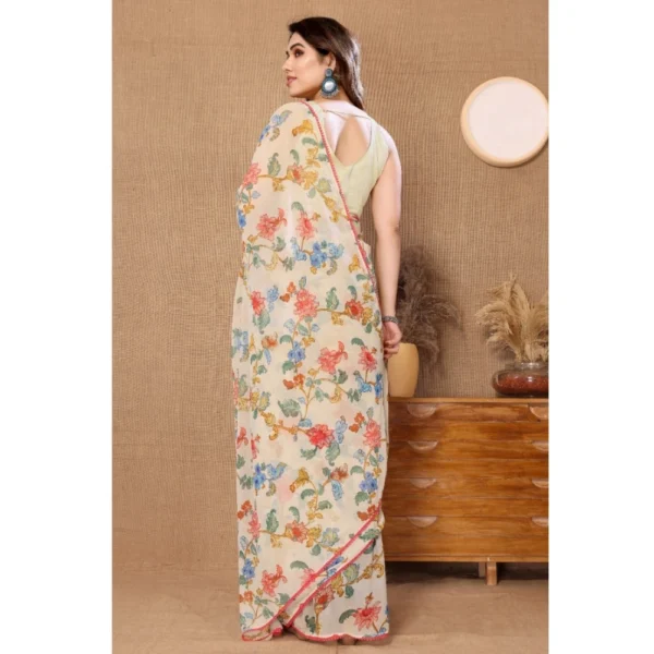 Women's Small Lace Georgette Printed Ready-to-Wear Saree With Unstitched Blouse 5.5 Mtr (Off White) - Image 3
