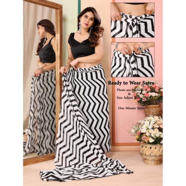 Women's Small Lace Georgette Striped Ready-to-Wear Saree With Unstitched Blouse 5.5 Mtr (Black) - Image 2
