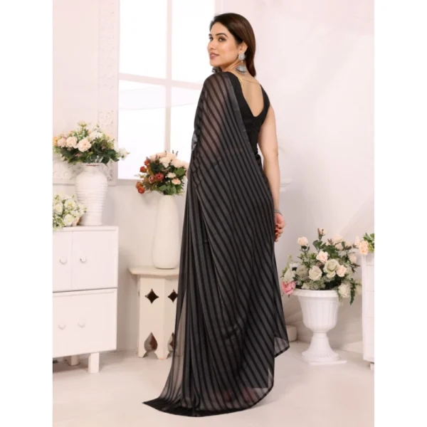 Women's  Black Berry Striped Ready-to-Wear Saree With Unstitched Blouse 5.5 Mtr (Grey-Black) - Image 3