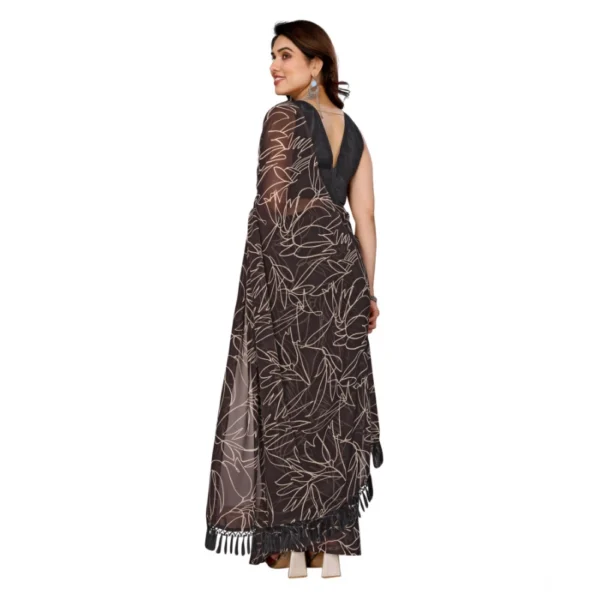 Women's Zalar Lace Georgette Printed Ready-to-Wear Saree With Unstitched Blouse 5.5 Mtr (Brown) - Image 3