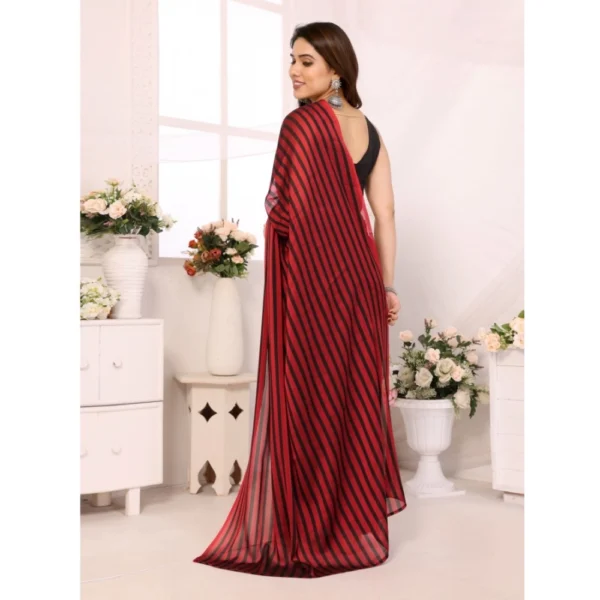 Women's  Black Berry Striped Ready-to-Wear Saree With Unstitched Blouse 5.5 Mtr (Red-Black) - Image 3