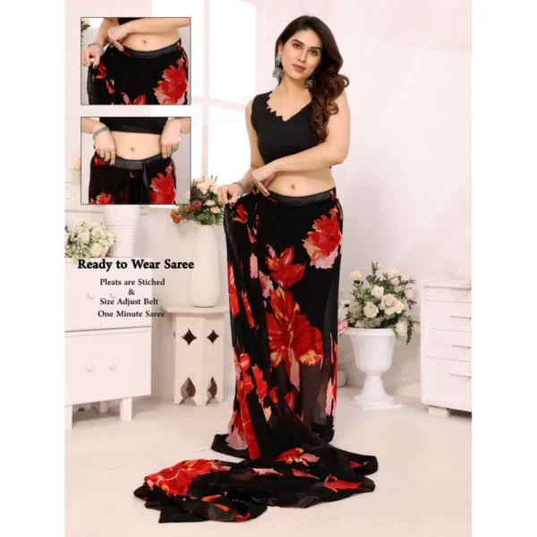 Women's Small Lace Georgette Printed Ready-to-Wear Saree With Unstitched Blouse 5.5 Mtr (Black-Red) - Image 2