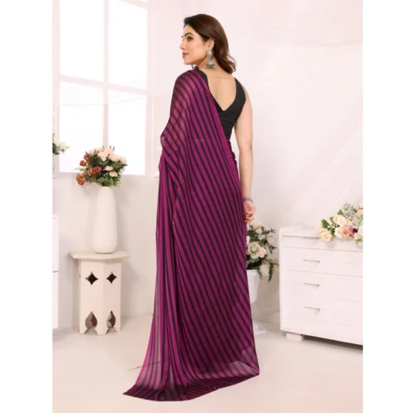 Women's  Black Berry Striped Ready-to-Wear Saree With Unstitched Blouse 5.5 Mtr (Purple-Black) - Image 3