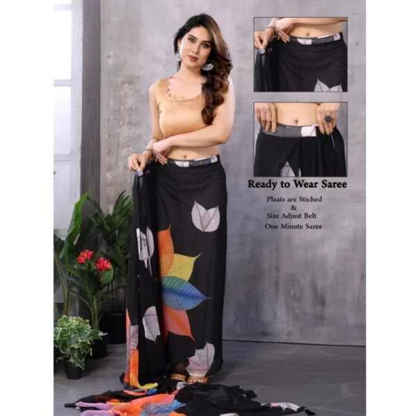 Women's Small Lace Georgette Printed Ready-to-Wear Saree With Unstitched Blouse 5.5 Mtr (Black) - Image 2