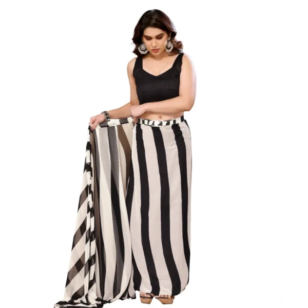 Women's Small Lace Georgette Striped Ready-to-Wear Saree With Unstitched Blouse 5.5 Mtr (Black-White) - Image 2