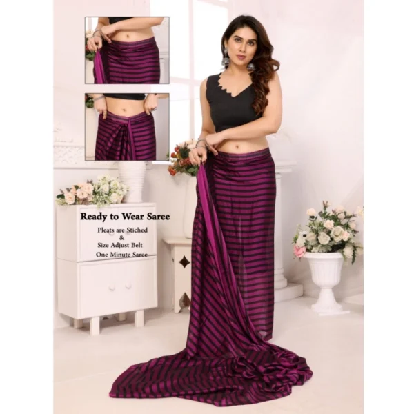 Women's  Black Berry Striped Ready-to-Wear Saree With Unstitched Blouse 5.5 Mtr (Purple-Black) - Image 2