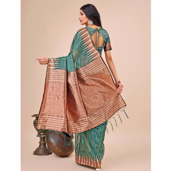 Women's Linen Cotton Wevon Jacquard Saree With Unstitched Women>Ethnic Wear>Blouse 5.5Mtr (Green) - Image 3