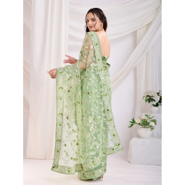 Women's Soft Net Thread Embroidery Saree With Unstitched Blouse 5.5Mtr (Pista) - Image 2