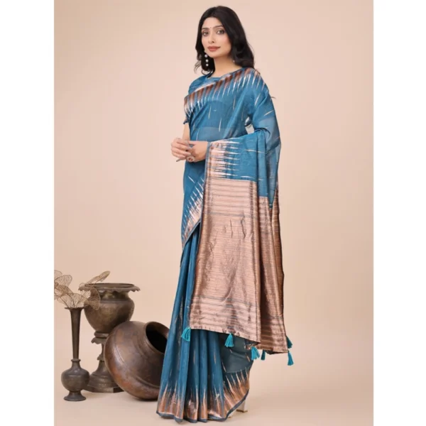 Women's Linen Cotton Wevon Jacquard Saree With Unstitched Blouse 5.5Mtr (Blue) - Image 2