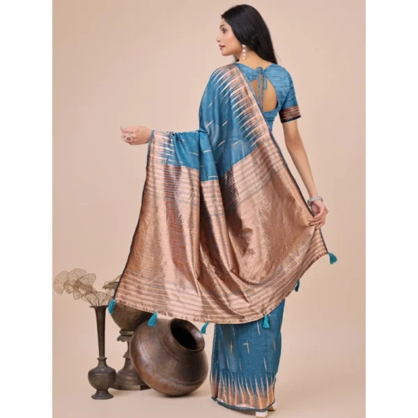 Women's Linen Cotton Wevon Jacquard Saree With Unstitched Blouse 5.5Mtr (Blue) - Image 3
