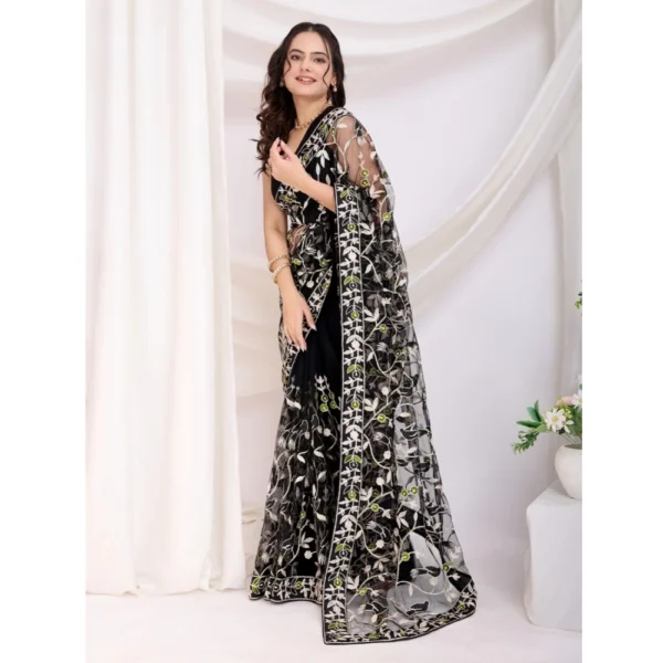 Women's Soft Net Thread Embroidery Saree With Unstitched Blouse 5.5Mtr (Black) - Image 2