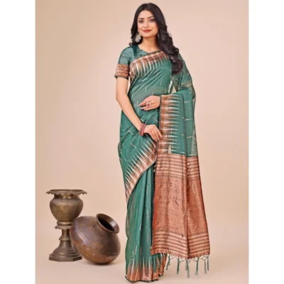 Women's Linen Cotton Wevon Jacquard Saree With Unstitched Women>Ethnic Wear>Blouse 5.5Mtr (Green)