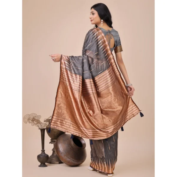 Women's Linen Cotton Wevon Jacquard Saree With Unstitched Blouse 5.5Mtr (Grey) - Image 3