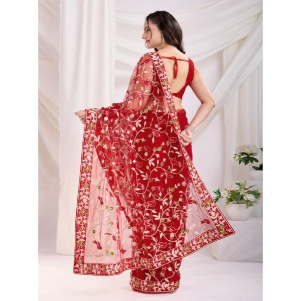 Women's Soft Net Thread Embroidery Saree With Unstitched Blouse 5.5Mtr (Maroon) - Image 3