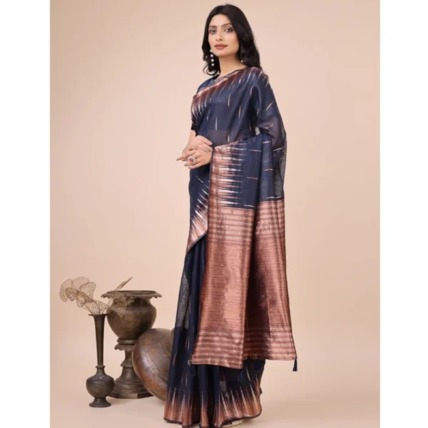 Women's Linen Cotton Wevon Jacquard Saree With Unstitched Blouse 5.5Mtr (Navy Blue) - Image 2