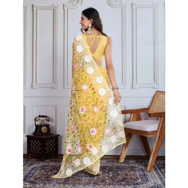 Women's Soft Net Thread Embroidery Saree With Unstitched Blouse 5.5Mtr (Yellow) - Image 2