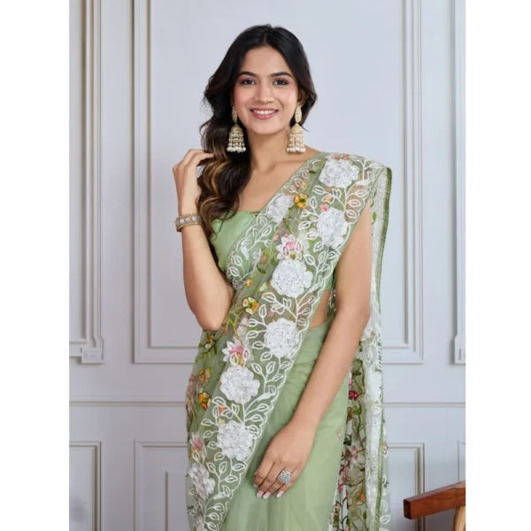 Women's Soft Net Thread Embroidery Saree With Unstitched Blouse 5.5Mtr (Pista) - Image 2