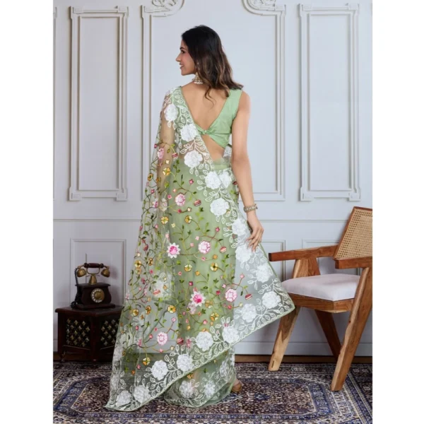 Women's Soft Net Thread Embroidery Saree With Unstitched Blouse 5.5Mtr (Pista) - Image 3