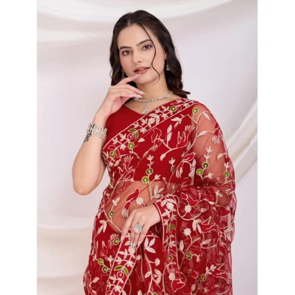 Women's Soft Net Thread Embroidery Saree With Unstitched Blouse 5.5Mtr (Maroon) - Image 2