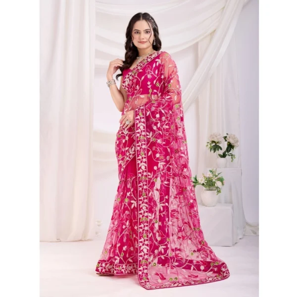 Women's Soft Net Thread Embroidery Saree With Unstitched Blouse 5.5Mtr (Dark Pink)