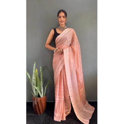 Women's Chiffon Striped Ready to wear Saree With Unstitched Women>Ethnic Wear>Blouse 5.5 Mtr (Peach)