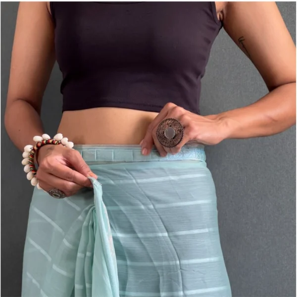Women's Chiffon Striped Ready to wear Saree With Unstitched Women>Ethnic Wear>Blouse 5.5 Mtr (Sky) - Image 2