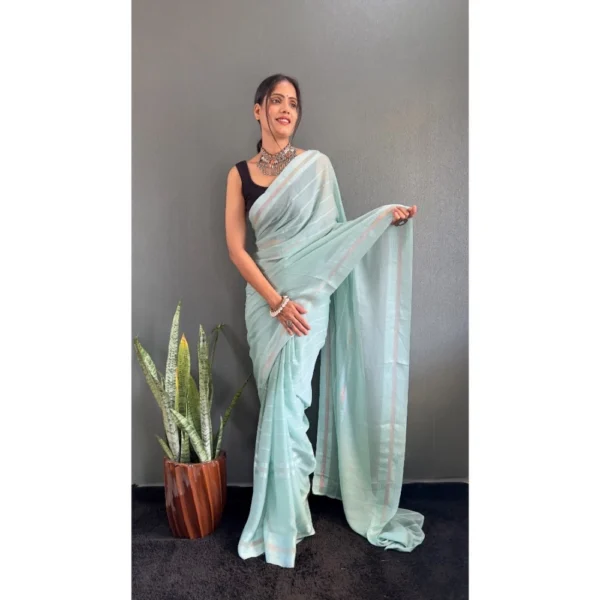 Women's Chiffon Striped Ready to wear Saree With Unstitched Women>Ethnic Wear>Blouse 5.5 Mtr (Sky) - Image 3