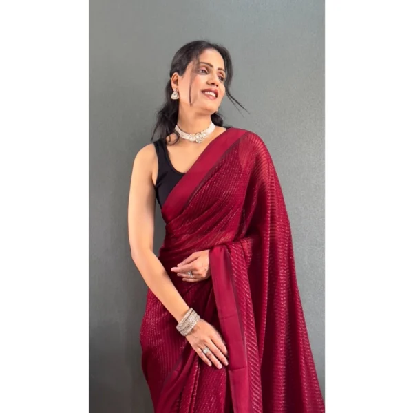 Women's Chiffon Solid Ready to wear Saree With Unstitched Women>Ethnic Wear>Blouse 5.5 Mtr (Maroon) - Image 2