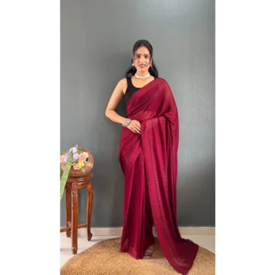 Women's Chiffon Solid Ready to wear Saree With Unstitched Women>Ethnic Wear>Blouse 5.5 Mtr (Maroon)