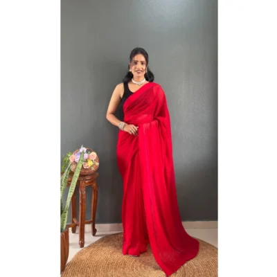 Women's Chiffon Solid Ready to wear Saree With Unstitched Women>Ethnic Wear>Blouse 5.5 Mtr (Red)