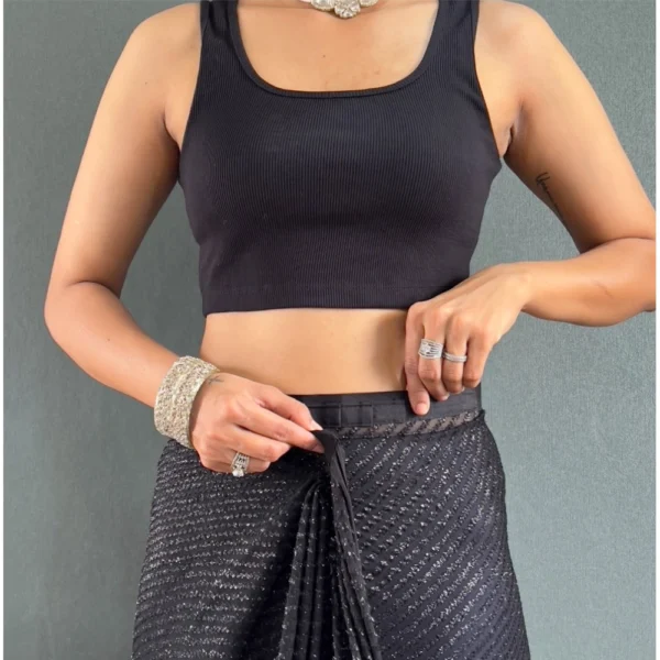 Women's Chiffon Solid Ready to wear Saree With Unstitched Women>Ethnic Wear>Blouse 5.5 Mtr (Black ) - Image 2