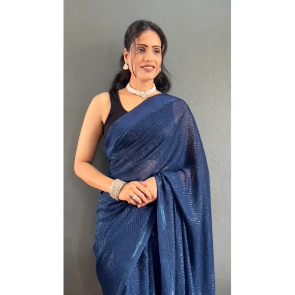 Women's Chiffon Solid Ready to wear Saree With Unstitched Women>Ethnic Wear>Blouse 5.5 Mtr (Blue ) - Image 2