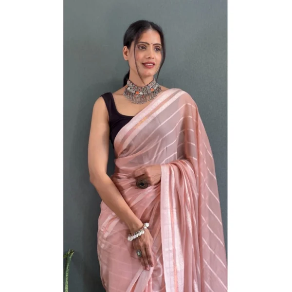Women's Chiffon Striped Ready to wear Saree With Unstitched Women>Ethnic Wear>Blouse 5.5 Mtr (Peach) - Image 2