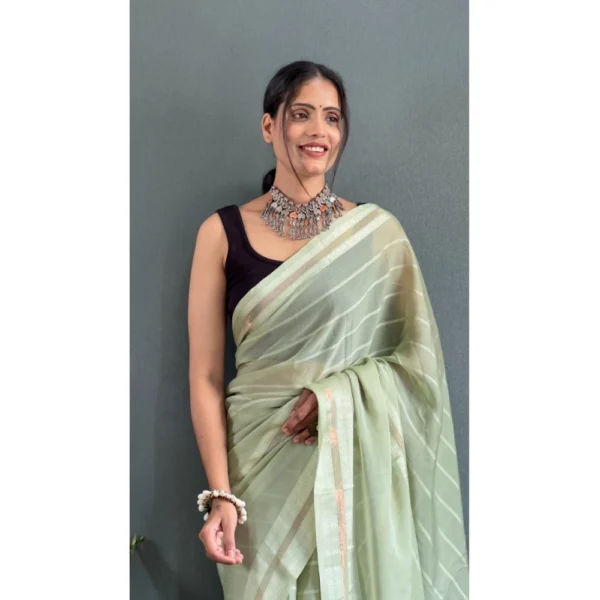 Women's Chiffon Striped Ready to wear Saree With Unstitched Women>Ethnic Wear>Blouse 5.5 Mtr (Pista ) - Image 3