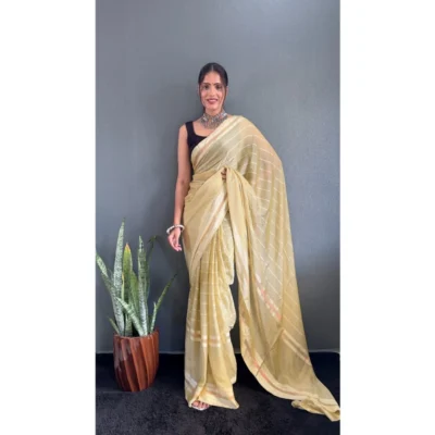 Women's Chiffon Striped Ready to wear Saree With Unstitched Women>Ethnic Wear>Blouse 5.5 Mtr (Yellow)