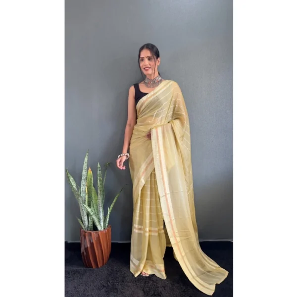 Women's Chiffon Striped Ready to wear Saree With Unstitched Women>Ethnic Wear>Blouse 5.5 Mtr (Yellow) - Image 3