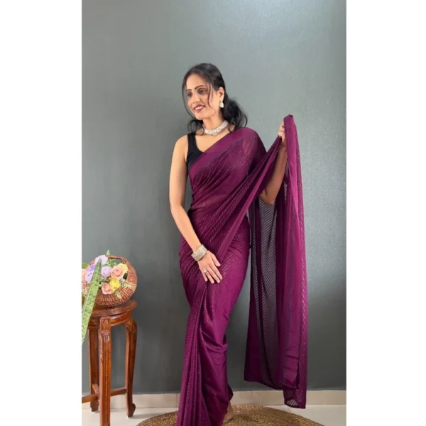 Women's Chiffon Solid Ready to wear Saree With Unstitched Women>Ethnic Wear>Blouse 5.5 Mtr (Wine ) - Image 2