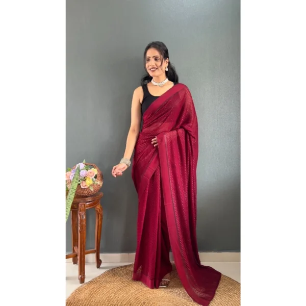 Women's Chiffon Solid Ready to wear Saree With Unstitched Women>Ethnic Wear>Blouse 5.5 Mtr (Maroon) - Image 3