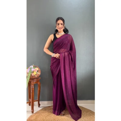 Women's Chiffon Solid Ready to wear Saree With Unstitched Women>Ethnic Wear>Blouse 5.5 Mtr (Wine )