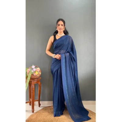 Women's Chiffon Solid Ready to wear Saree With Unstitched Women>Ethnic Wear>Blouse 5.5 Mtr (Blue )